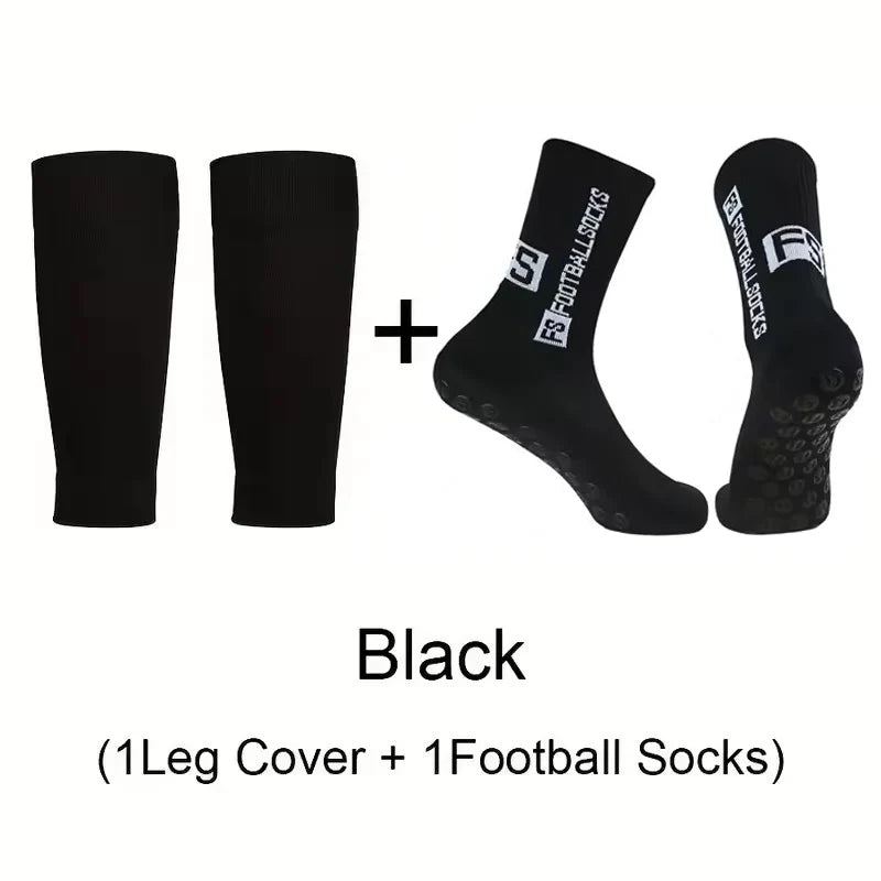 A set of black football socks and knee covers for sports, shown as a one-leg cover plus one football sock.