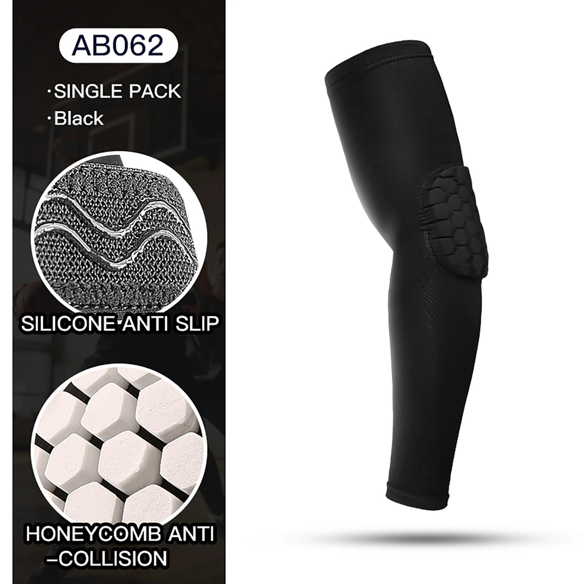 Black silicone elbow support sleeve with a honeycomb anti-collision design
