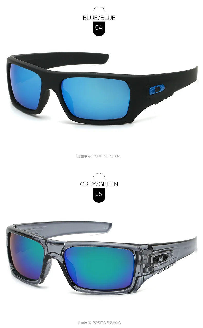 A pair of black vintage rectangle sunglasses with blue lenses and a grey/green option shown in different views.