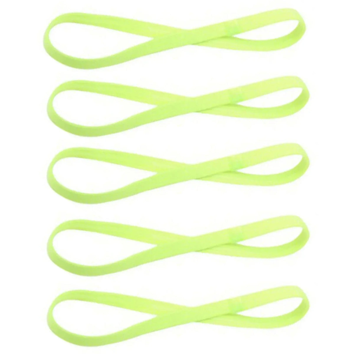 A pack of five bright lime green elastic silicone sports headbands.