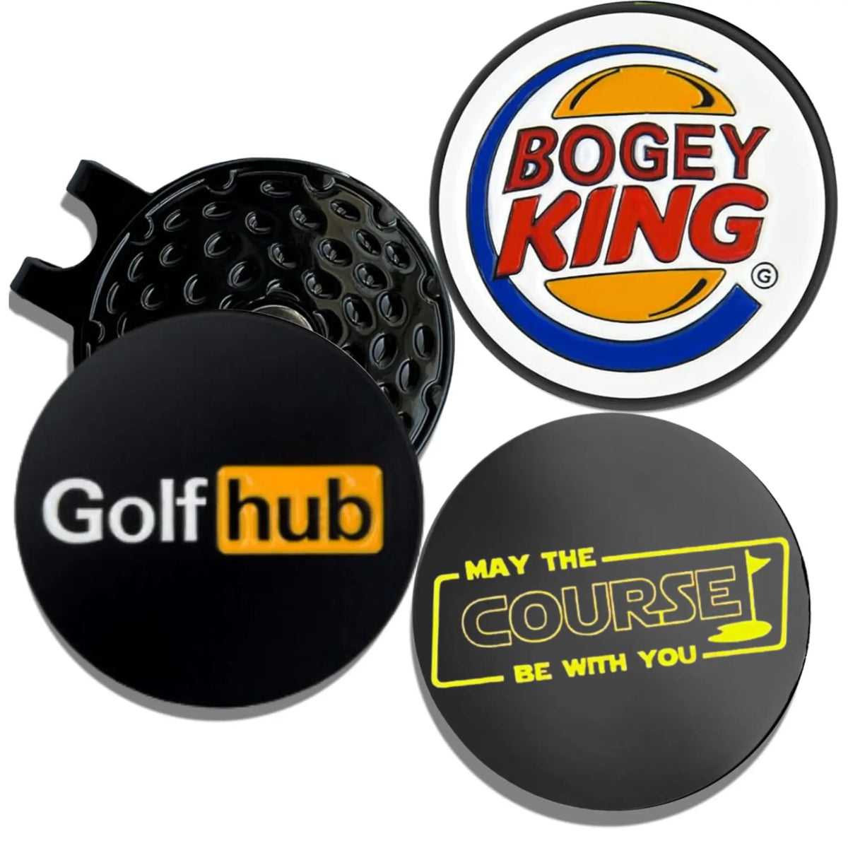 A set of three magnetic golf ball hat clips featuring the Bogey King and Golf hub logos.