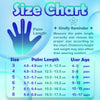 Size chart showing palm length measurements for different sizes of soccer goalie gloves and corresponding user ages.