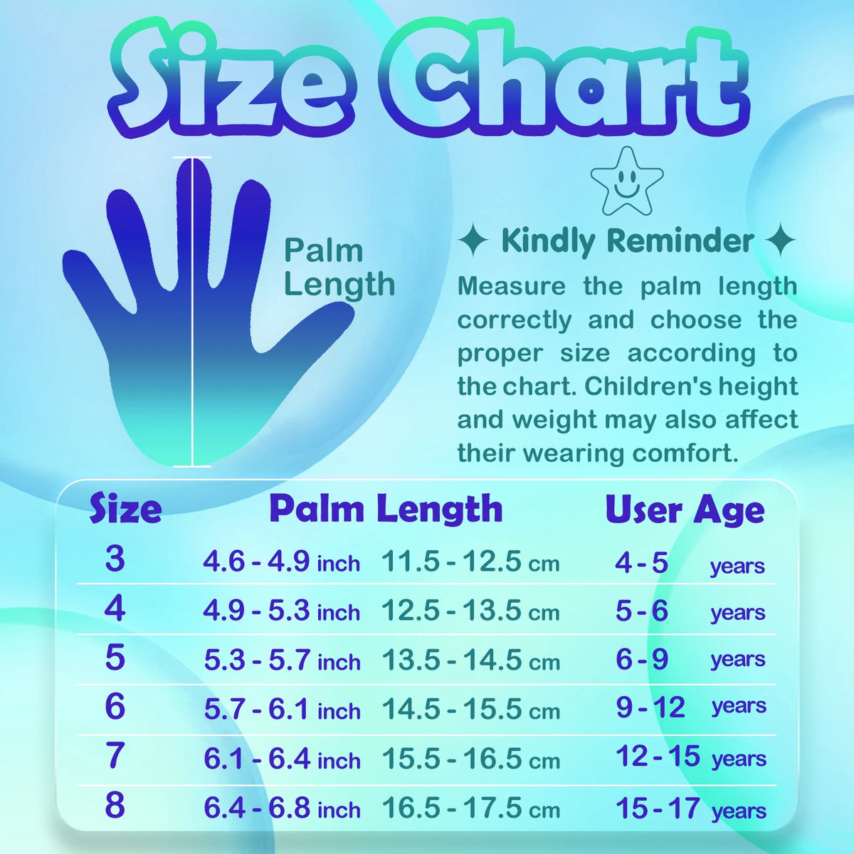 Size chart showing palm length measurements for different sizes of soccer goalie gloves and corresponding user ages.