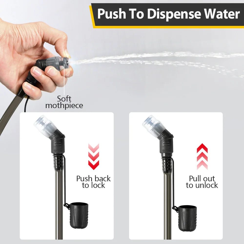 A hand is pushing water through a soft mouthpiece of a reusable hydration bag for drinking.