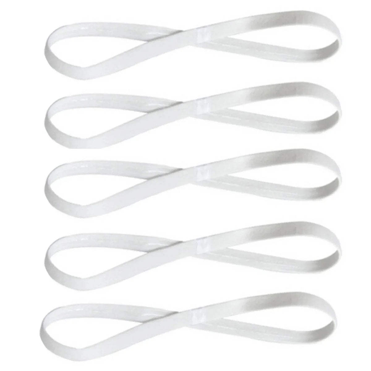 A pack of five white elastic silicone sports headbands.