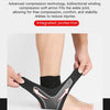 A hand is applying an elastic compression band to an ankle joint for support and protection.