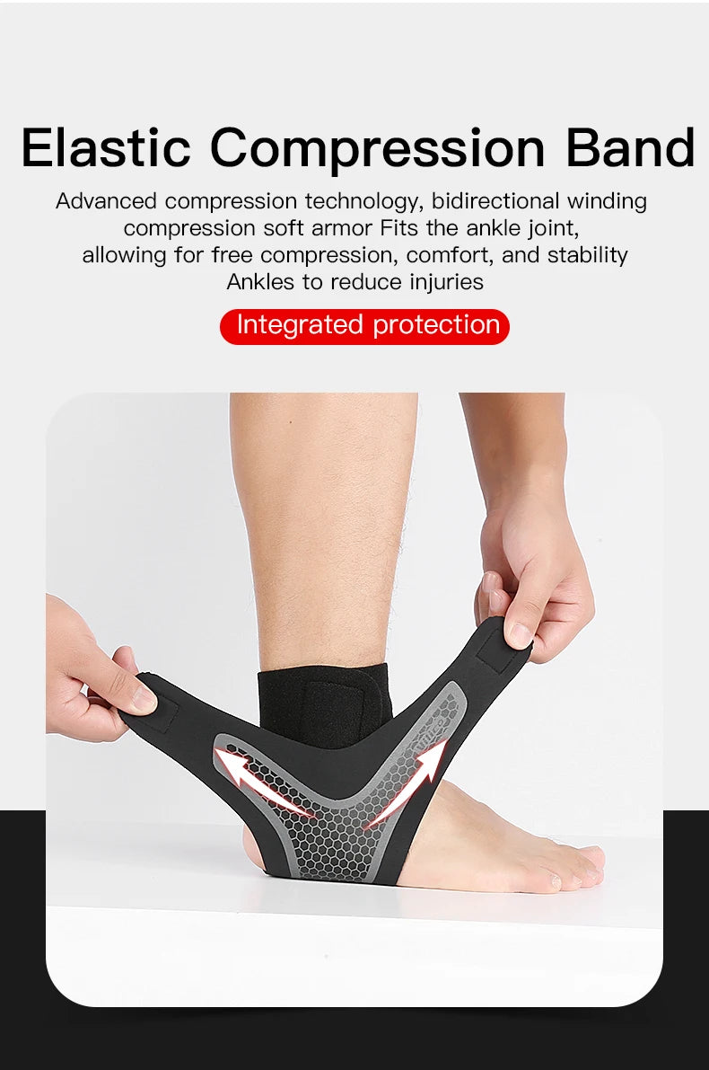 A hand is applying an elastic compression band to an ankle joint for support and protection.