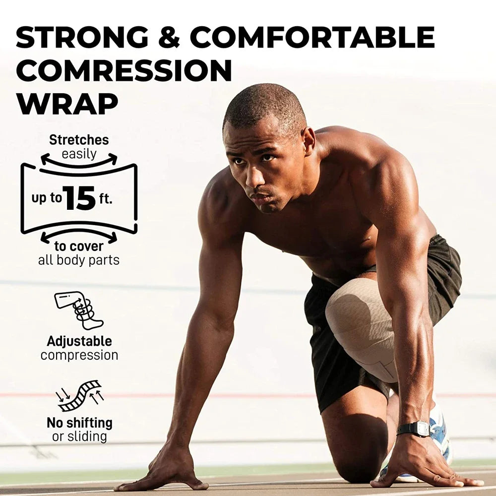 A muscular man demonstrates a strong and comfortable compression wrap stretching easily to cover all body parts.