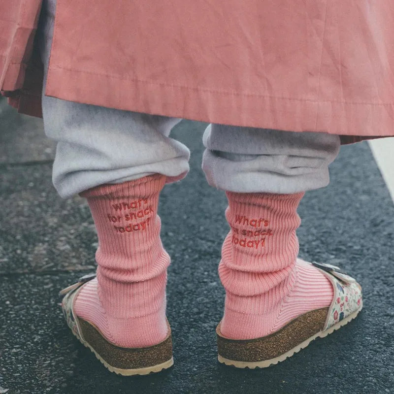 Pair of pink embroidered cotton socks worn with light gray pants and shoes.