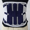 A navy blue and white adjustable lumbar support back brace worn around the waist.