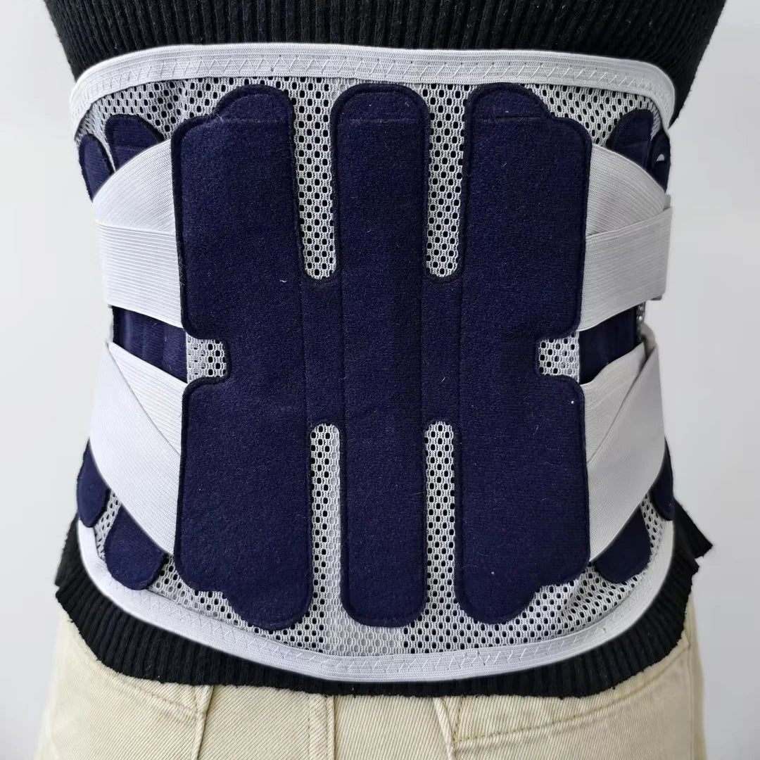 A navy blue and white adjustable lumbar support back brace worn around the waist.