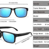 A pair of blue polarized sunglasses with black frames and clear lenses shown from the front and side.