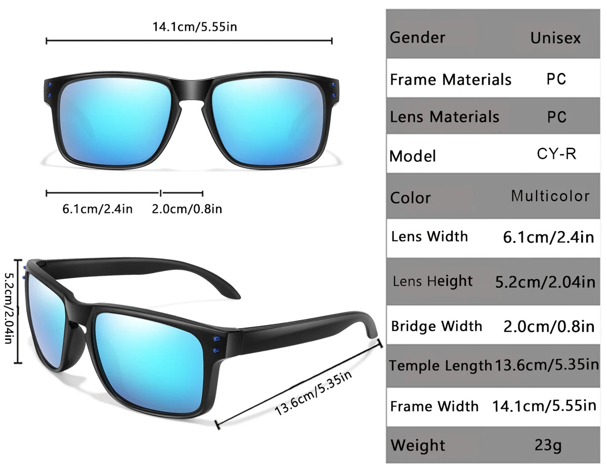 A pair of blue polarized sunglasses with black frames and clear lenses shown from the front and side.