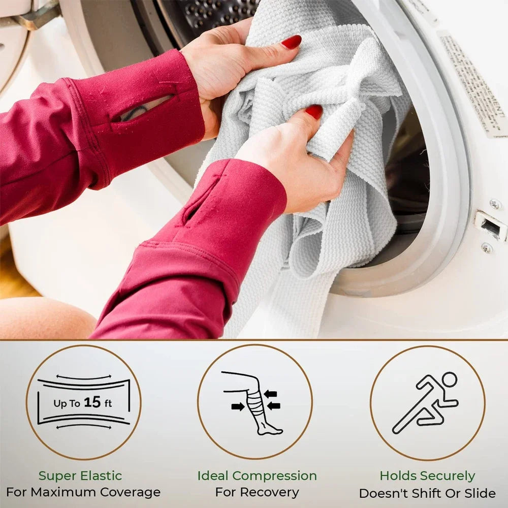 Hands are placing a gray elastic compression bandage on a person's arm inside a washing machine drum.