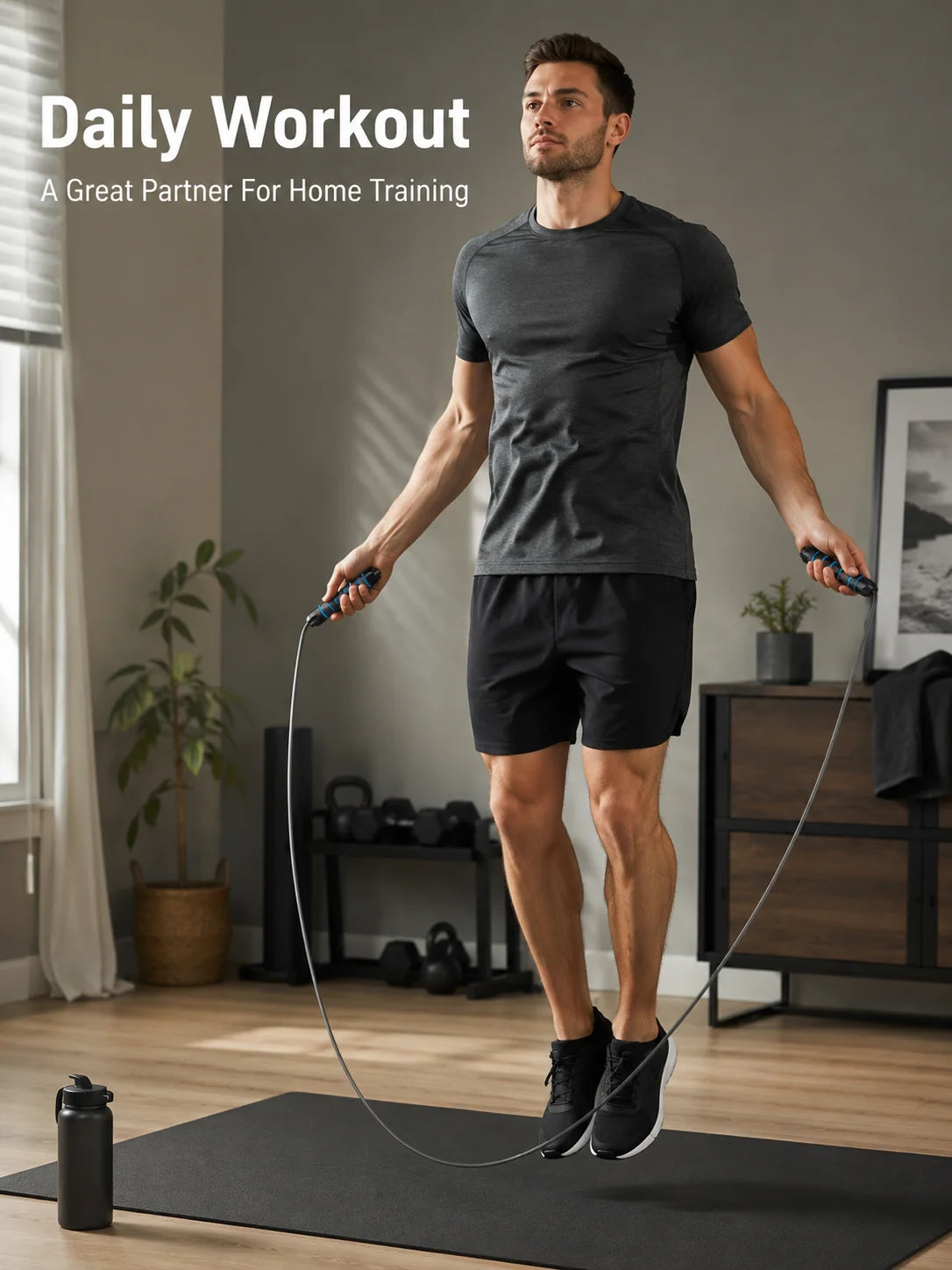 A man performing a daily workout with an adjustable weighted speed jump rope on a black mat.
