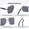 A set of gray aviator sunglasses featuring a fashion frame, smooth hinge, comfortable nose pad, and anti-slip curved legs.