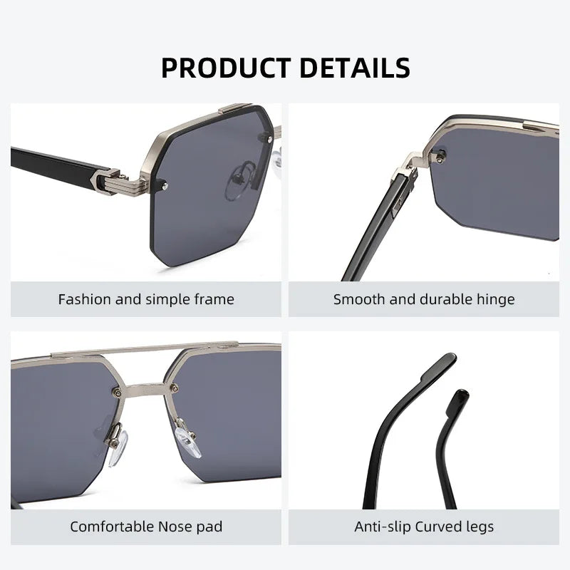 A set of gray aviator sunglasses featuring a fashion frame, smooth hinge, comfortable nose pad, and anti-slip curved legs.