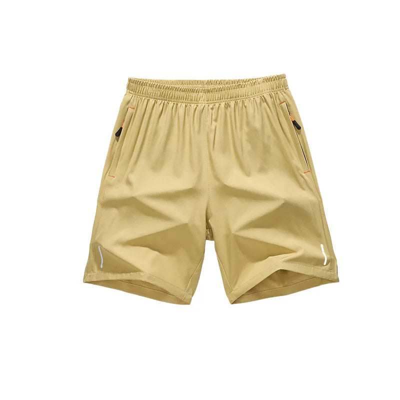Tan men's lightweight quick-dry running shorts shown flat lay