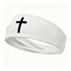 White athletic sweat headband with a black cross design