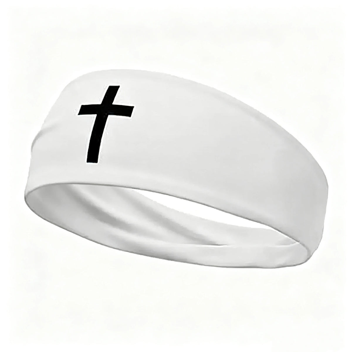 White athletic sweat headband with a black cross design