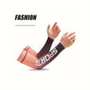 A person is wearing a black and orange sports sleeve on their forearm, demonstrating UV protection or cooling for outdoor act