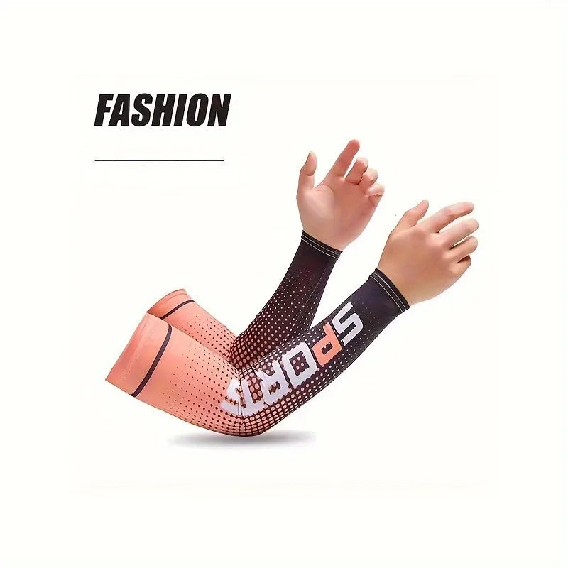 A person is wearing a black and orange sports sleeve on their forearm, demonstrating UV protection or cooling for outdoor act