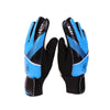 A pair of blue and black latex goalkeeper football gloves shown against a white background.