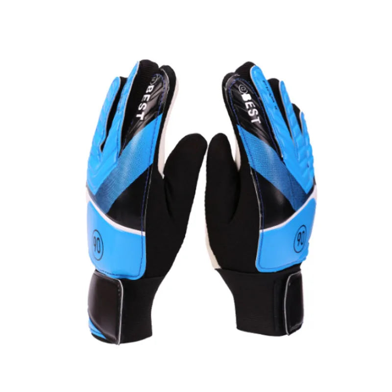 A pair of blue and black latex goalkeeper football gloves shown against a white background.