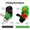 Two clip-on fishing rod alarms, one black and one green, featuring a single light delay flash and a double light delay flash.