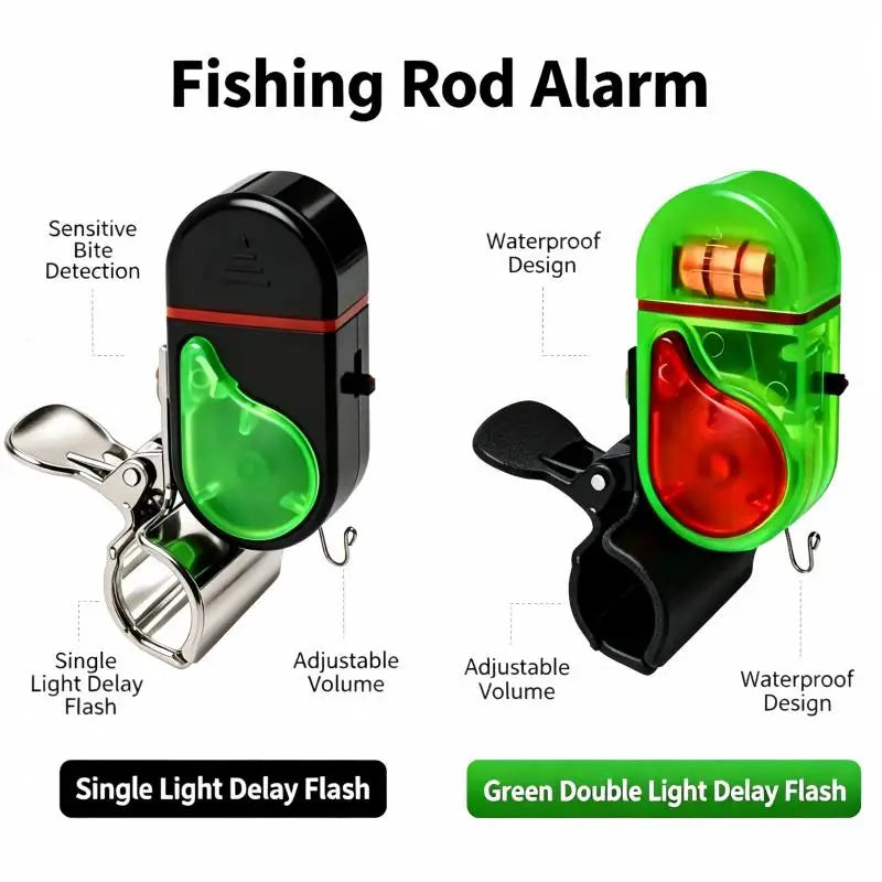 Two clip-on fishing rod alarms, one black and one green, featuring a single light delay flash and a double light delay flash.