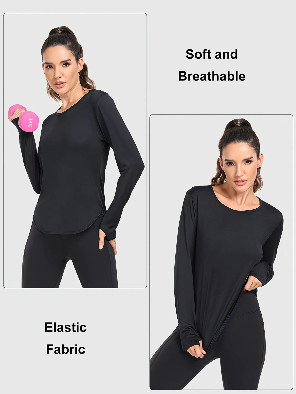 A woman models a black, long-sleeved, elastic fabric top and matching leggings for sun protection.