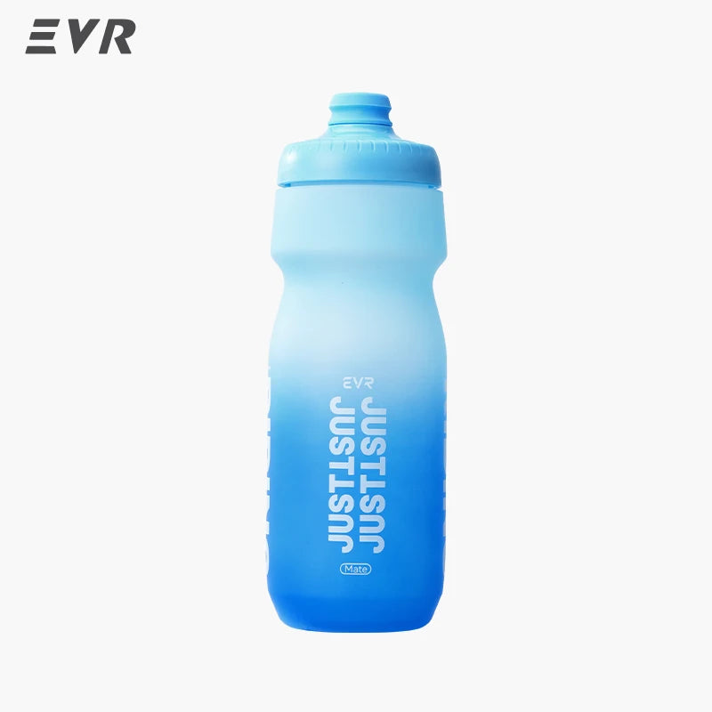 A light blue squeezable cycling water bottle with a blue cap.