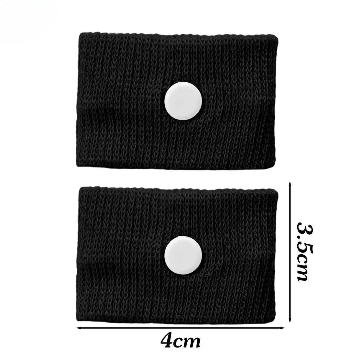Black knitted wristband with a white button for anti-nausea relief