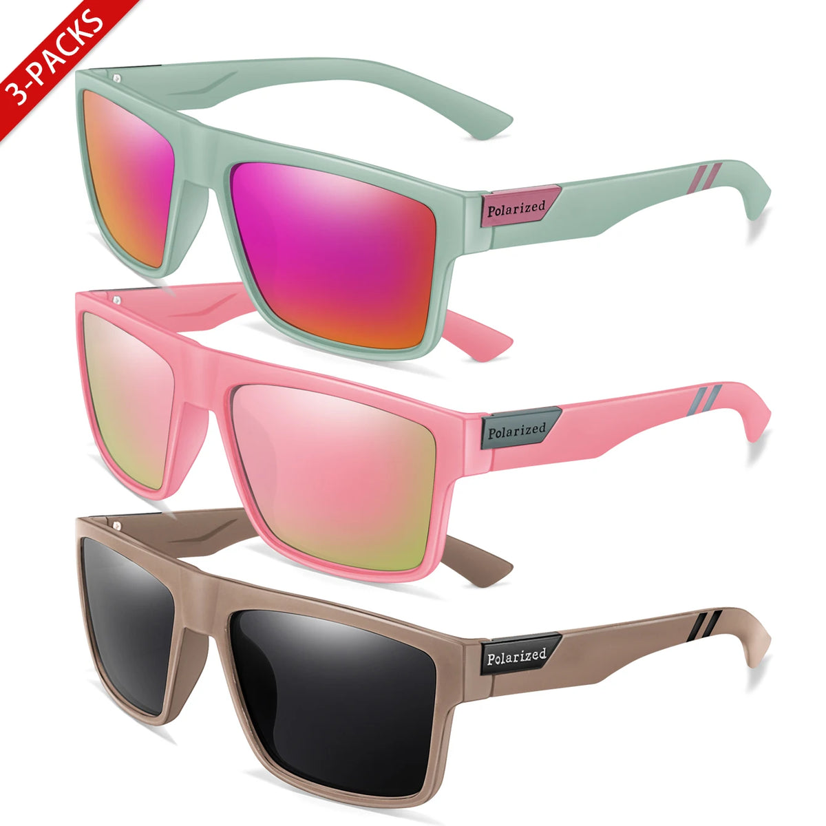 Three pairs of polarized square sunglasses in green, pink, and brown tones.