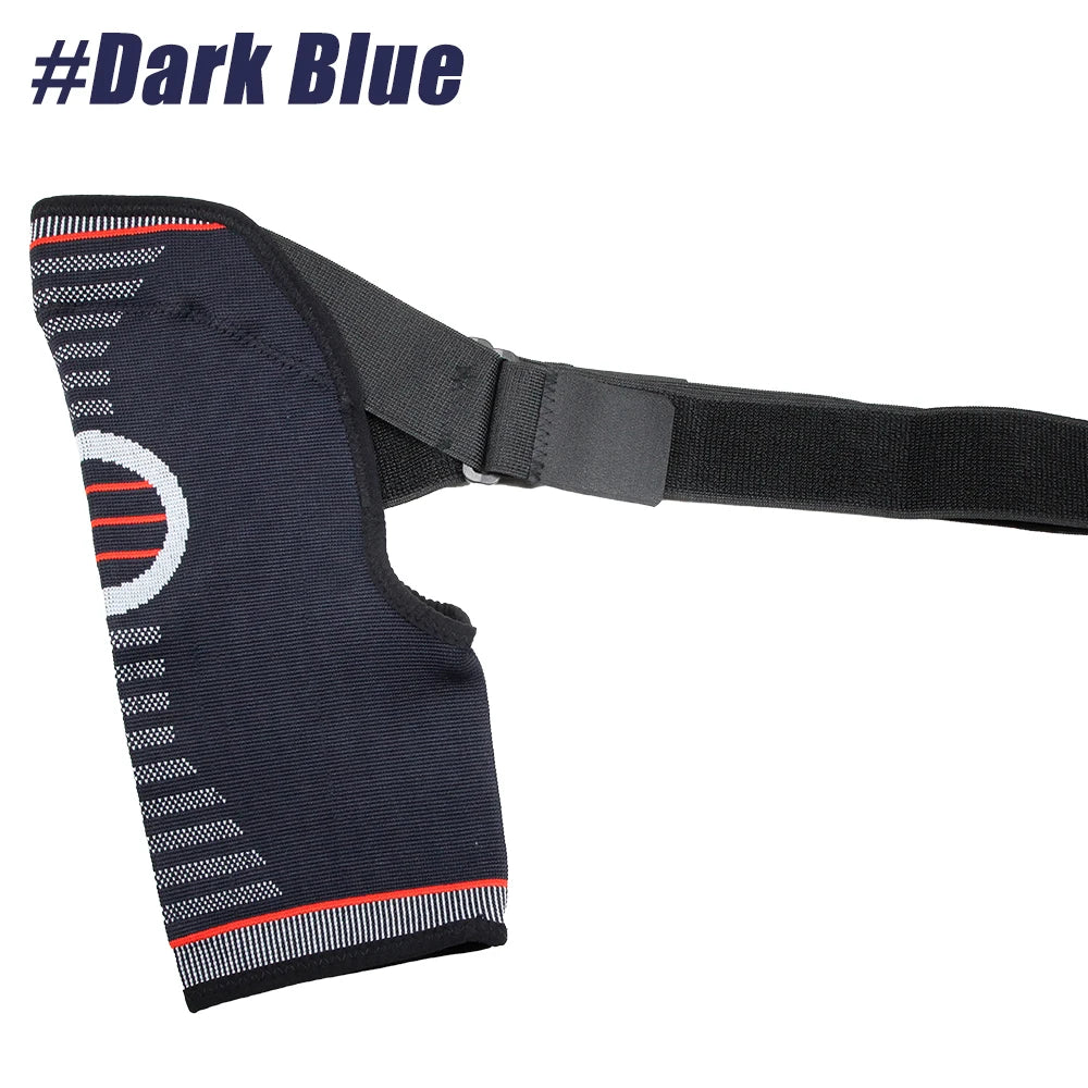 A dark blue comfort compression shoulder support brace shown against a white background.