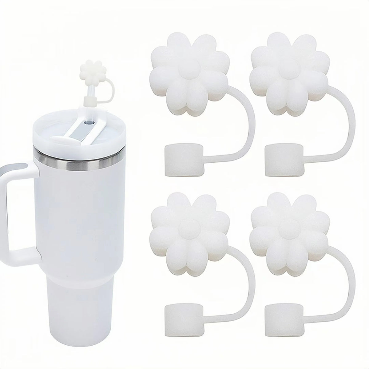 A set of silicone straw covers for tumblers and water bottles, including a lid and multiple flower-shaped covers.