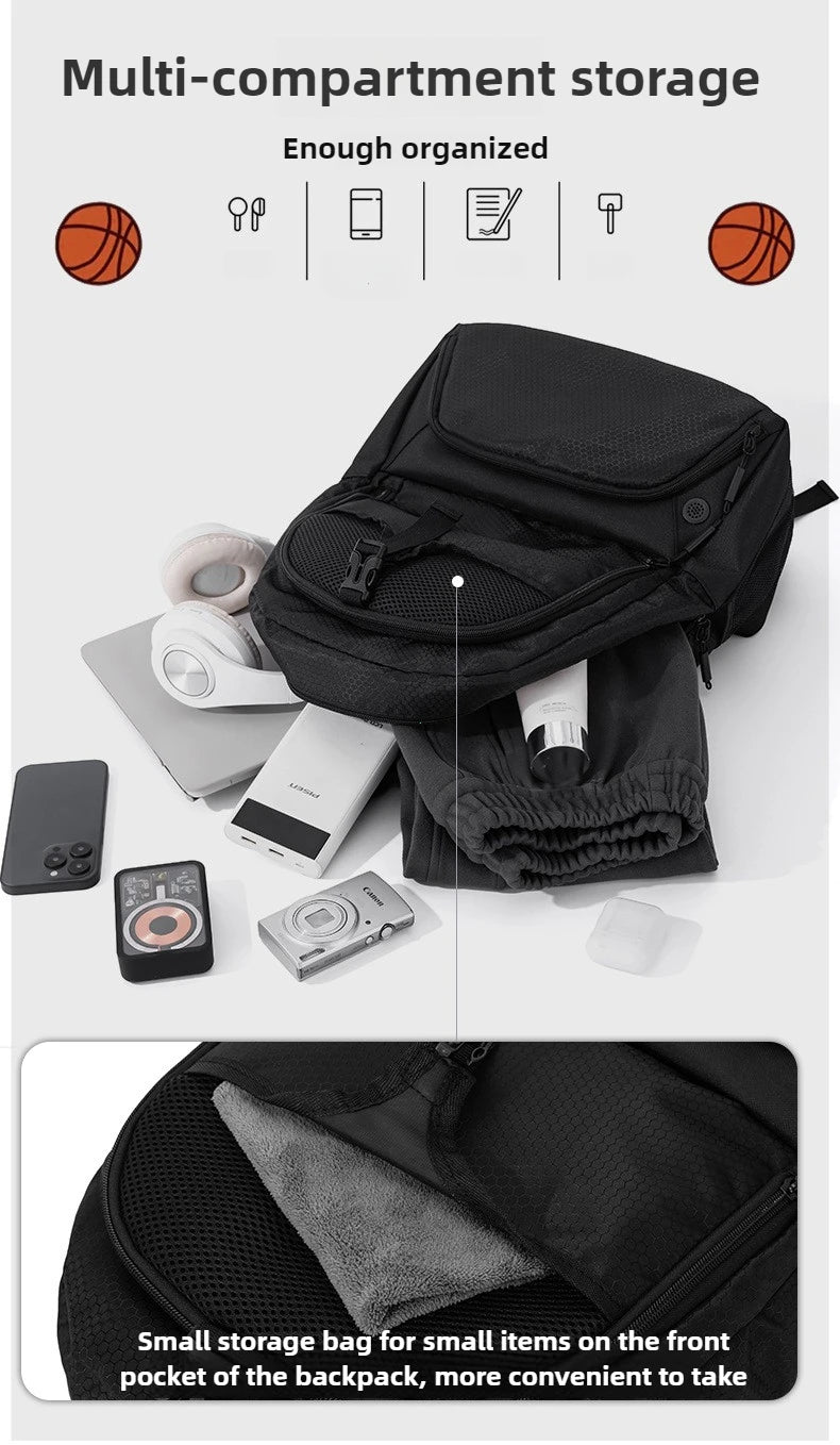Black multi-compartment storage backpack showing various items like a phone, glasses, and shoes.