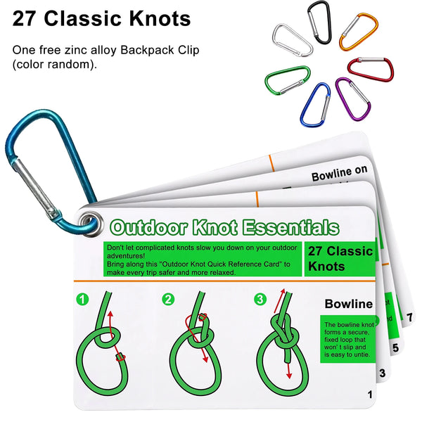 A set of 27 classic knots and a free zinc alloy backpack clip included in an outdoor knot essentials guide card.