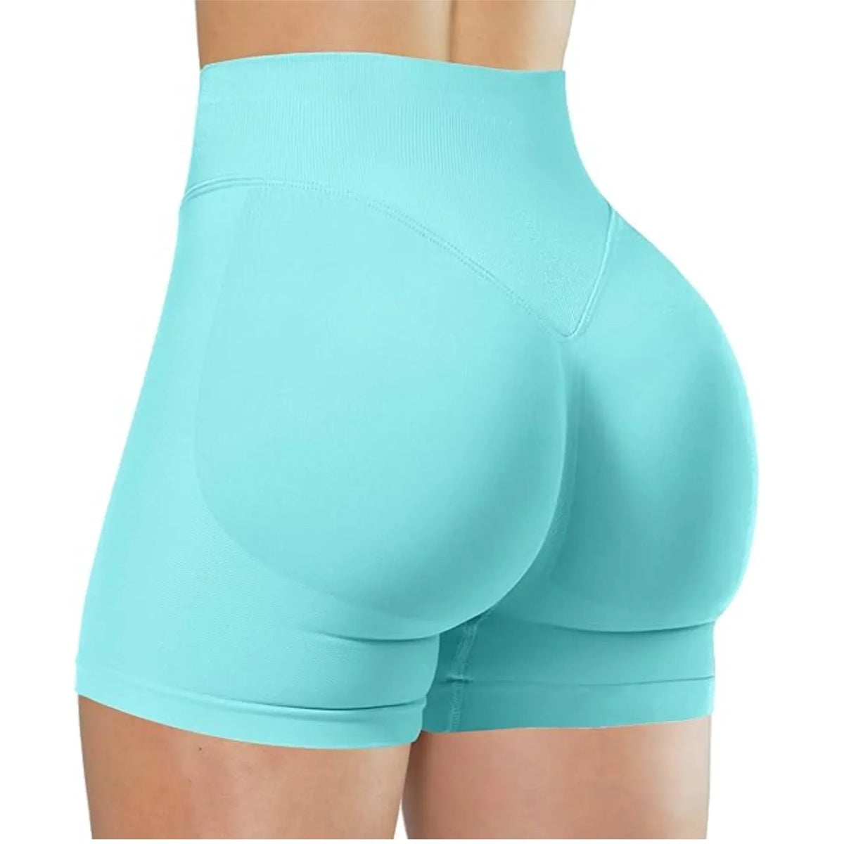 Shorts de yoga sans couture bleu clair taille haute portés par une personne.