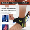 Black ankle support brace shown on a foot, highlighting its design and features.