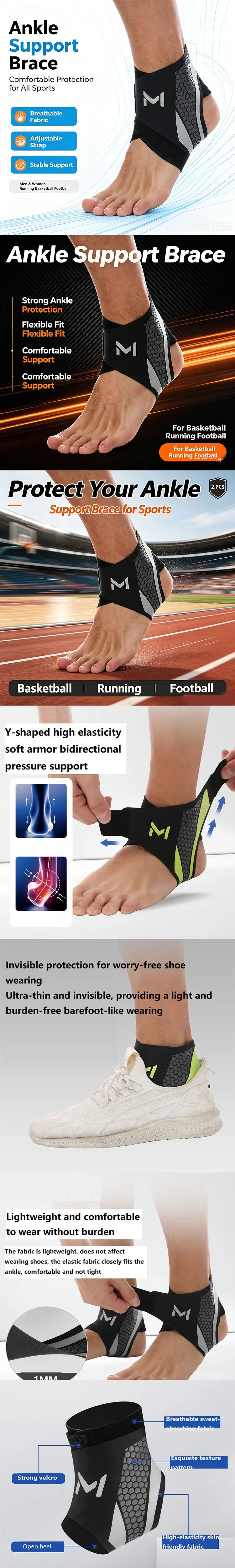 Black ankle support brace shown on a foot, highlighting its design and features.