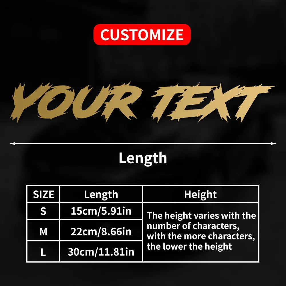 Graphique montrant les options de taille pour les autocollants de texte personnalisés : petit, moyen et grand avec leurs long