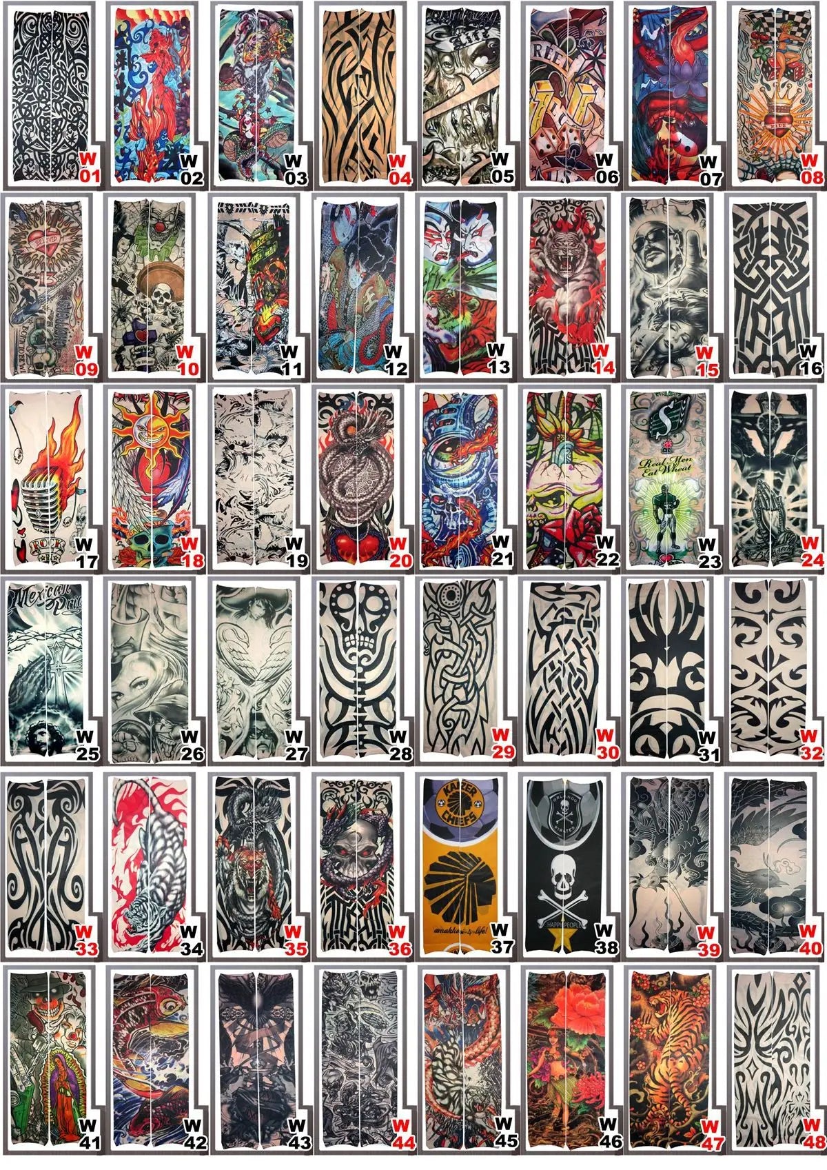 A grid of 48 designs featuring various patterns and colors for unisex breathable arm sleeves.