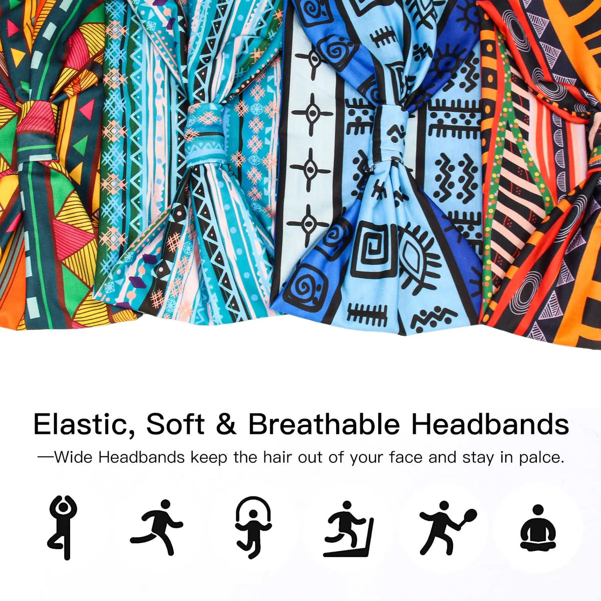 Colorful elastic headbands for workout and yoga featuring various patterns and designs.