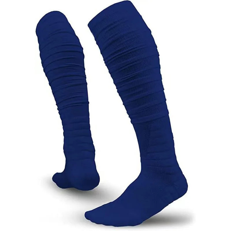 A pair of navy blue extra long football socks for men shown in a vertical display.