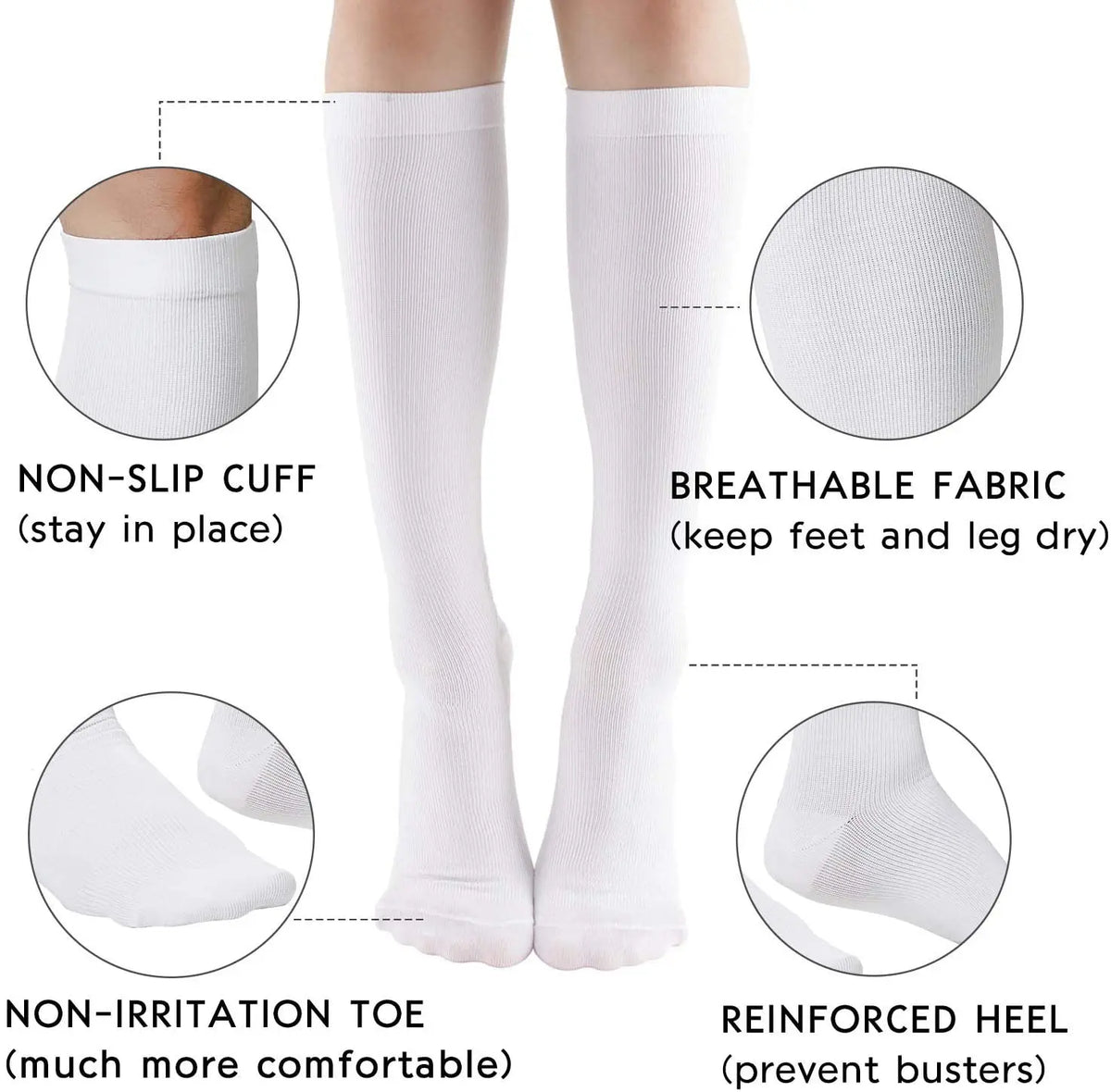 White medical grade compression socks showing features like non-slip cuff breathable fabric and reinforced heel