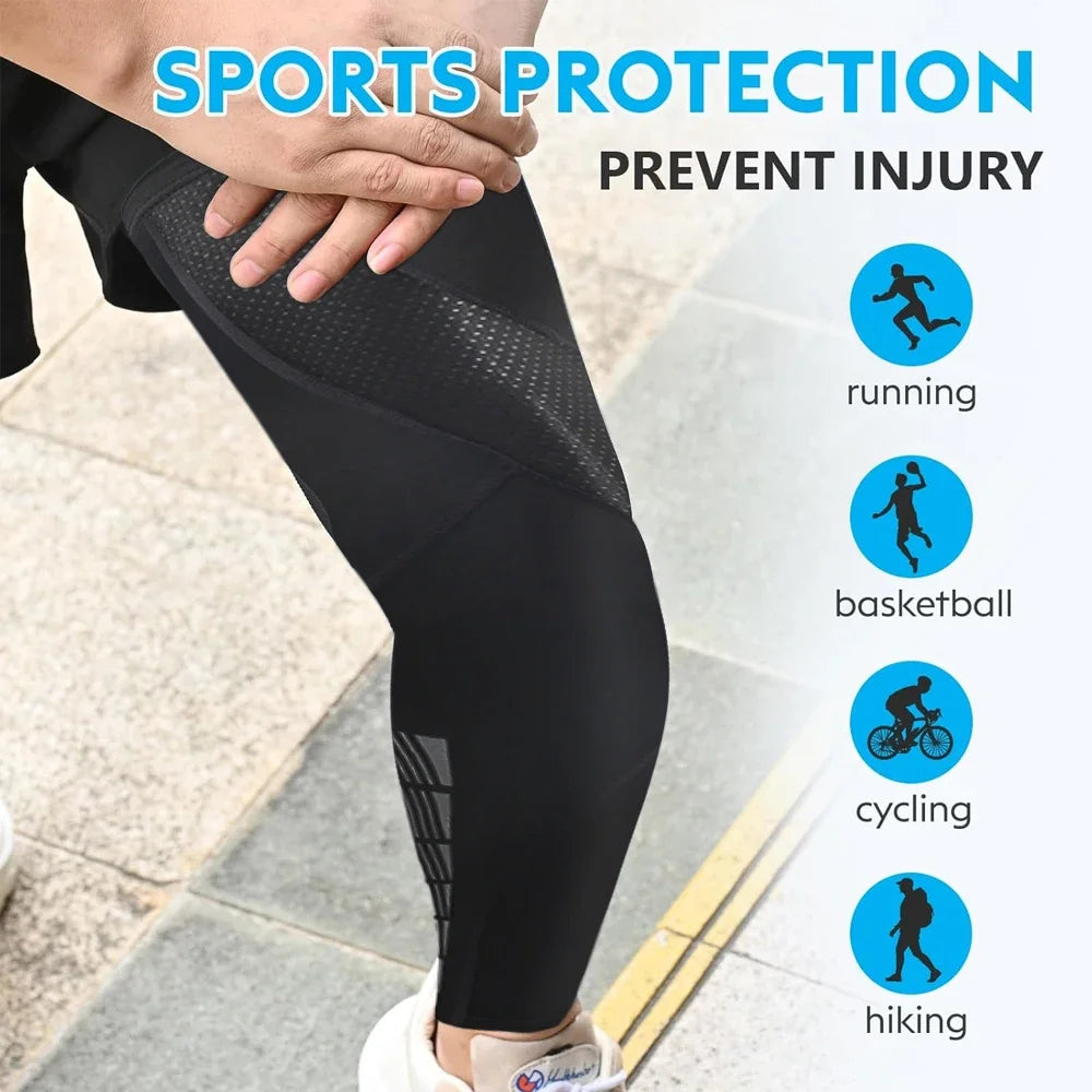 Schwarze Sport-Kompressionsbeinschuhe, mit Symbolen für Laufen, Basketball und Radfahren.