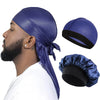 A dark blue silky durag pirate headband worn by a man, shown with separate pieces.