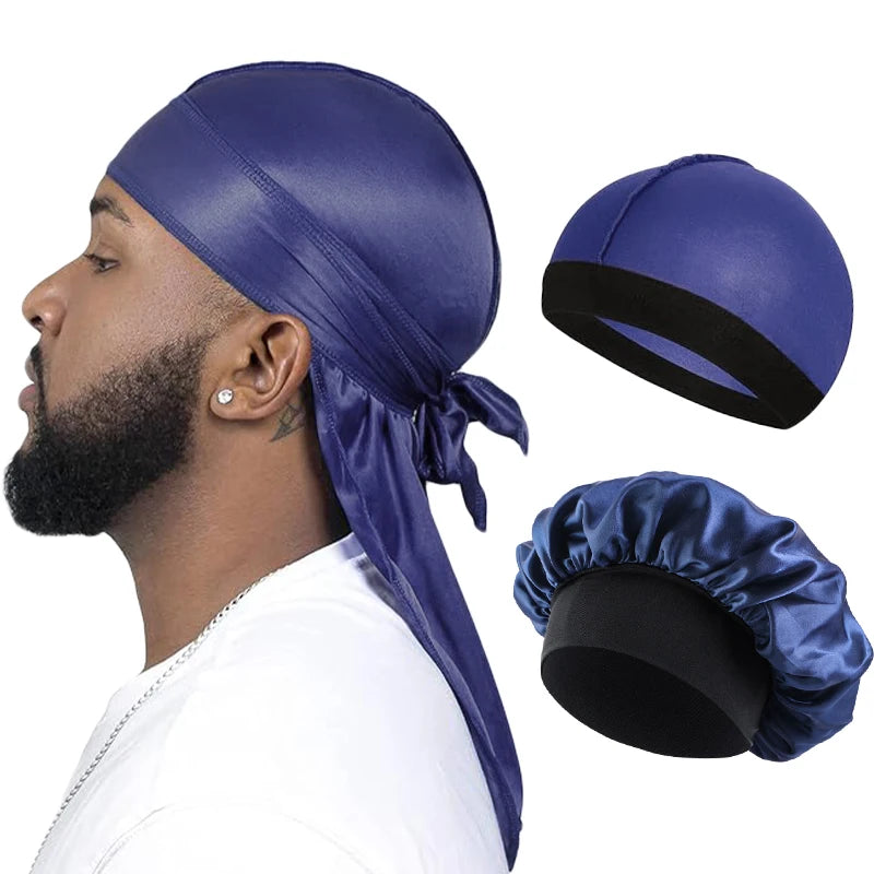 A dark blue silky durag pirate headband worn by a man, shown with separate pieces.