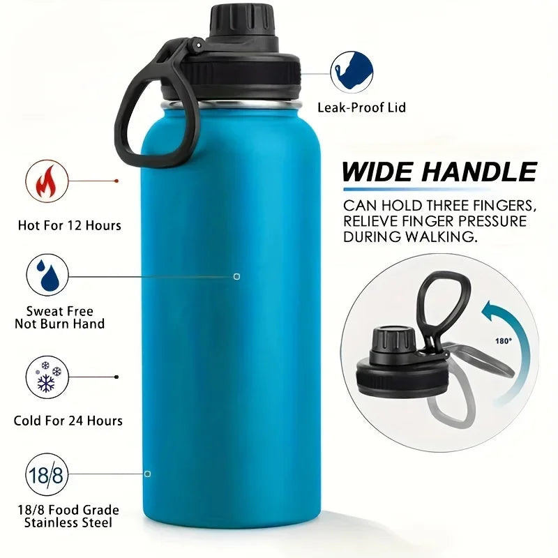 A blue insulated stainless steel vacuum water bottle with a wide handle and leak-proof lid.
